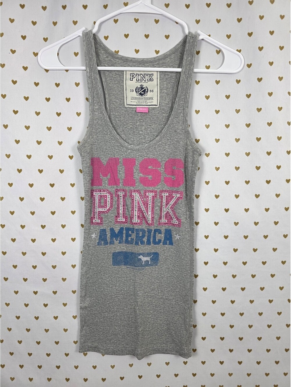 Victoria’s Secret PINK Miss PINK America Rhinestone Tank Top XS Gray BLING